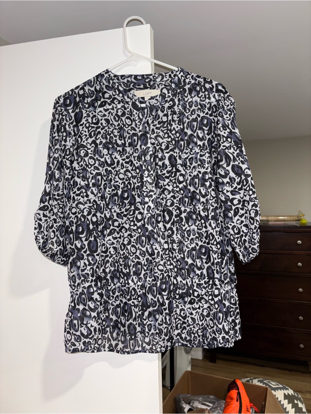 LOFT Black, Blue, and White Leopard-Print Blouse